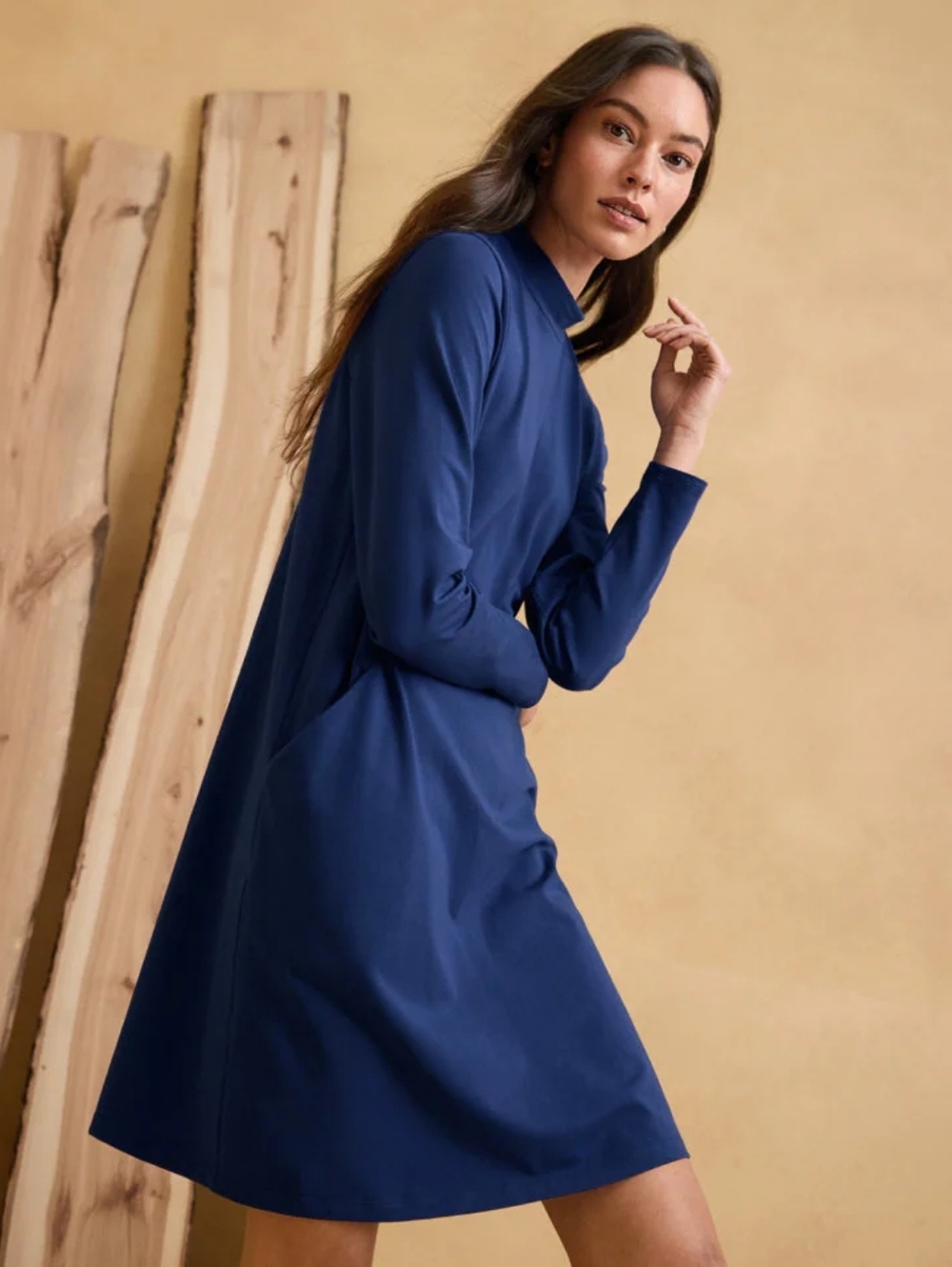 Eileen Fisher Petite Navy Organic Cotton Blend‎ Pockets Minimalistic Dress